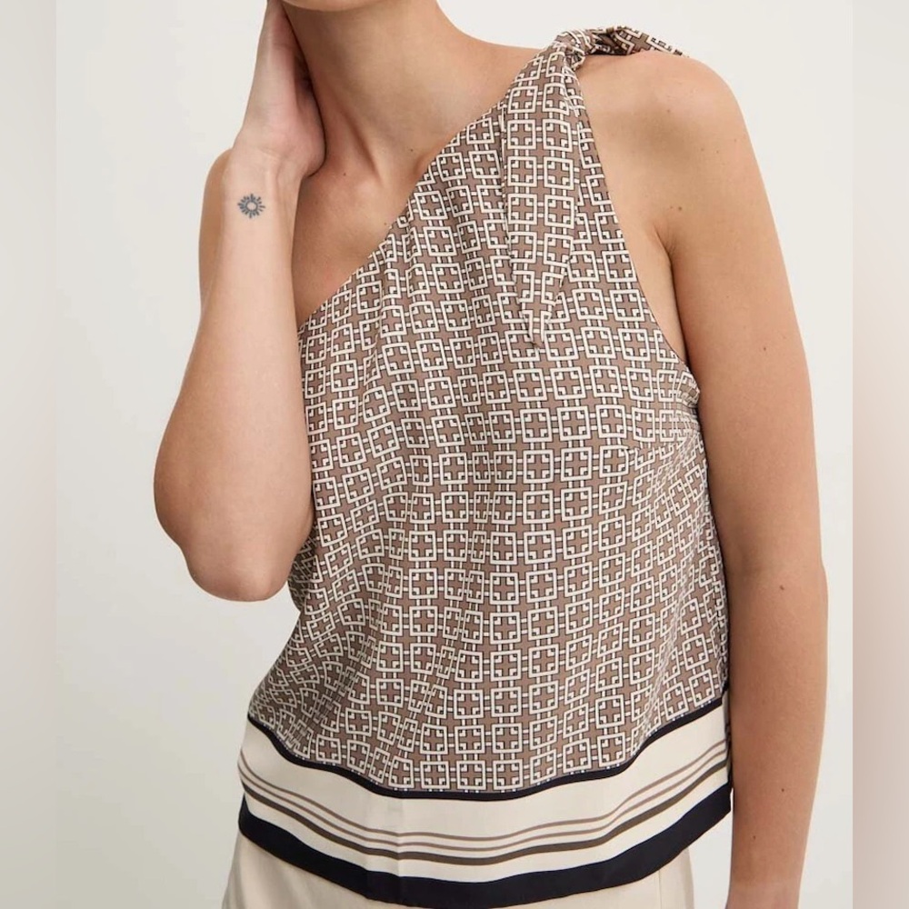 NWT Abercrombie & Fitch Brown black Patterned One-Shoulder Blouse / scarf like